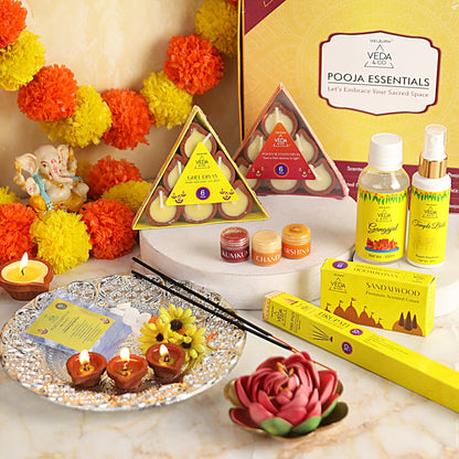 Welburn Veda&Co® Pooja Essentials Set | Diwali Pooja Samagri Kit | Combo for Deepawali | Spiritual Fragrance Diya & Agarbatti, Cones, Haldi, Kumkum, Chandan, Pooja Room Spray & Gangajal