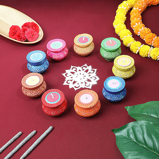 Welburn Veda&Co® Scented Decorative Matki Diya Pack of 9 for Diwali Decoration & Puja | Upto 1.30hr Burning Time | Hand Painted Terracotta Clay Diya for Home Décor & Festive Gifting