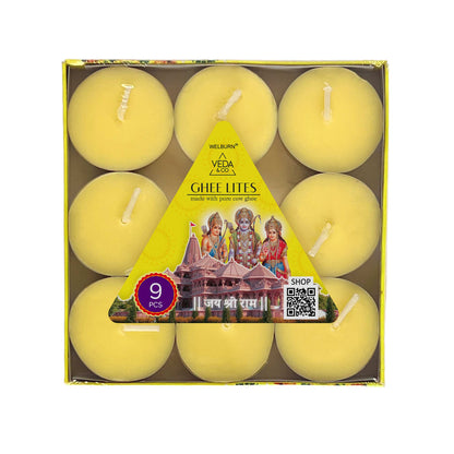 Welburn Veda&Co™ Ghee Lites - Pack of 9, Upto 4 Hours Burning Time, Pure Cow Ghee Blended Diyas in Beautiful Gold Color Cup for Daily Puja, Pooja, Home & Temple, Unscented & Long Lasting