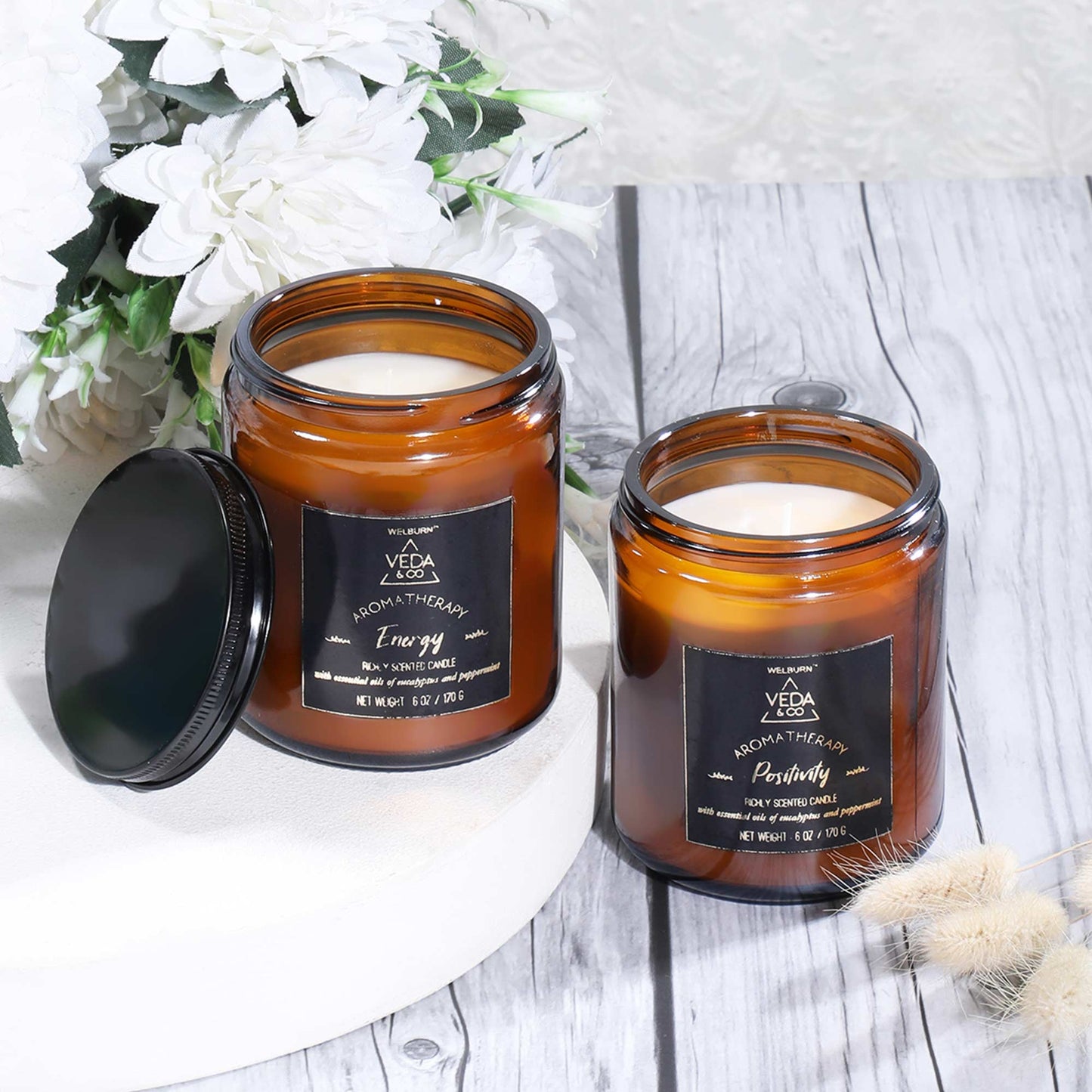 6oz Round Amber Aromatherapy Jar Candle - Set of 4 (up to 36 Hours Burn Time, 141gm), Aromatherapy Collection White Jars Candles