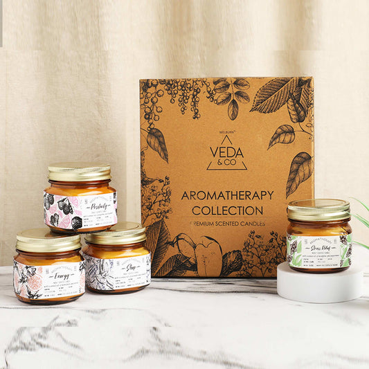 Scented Wax Candle - Set of 4 (35 Hours Burn Time, 141gm), Aromatherapy Collection White Jars Candles Induces Energy, Positivity, Sleep & Stress Relief, Fully Refined Paraffin Wax, for Home Décor