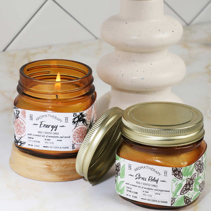 Scented Wax Candle - Set of 4 (35 Hours Burn Time, 141gm), Aromatherapy Collection White Jars Candles Induces Energy, Positivity, Sleep & Stress Relief, Fully Refined Paraffin Wax, for Home Décor