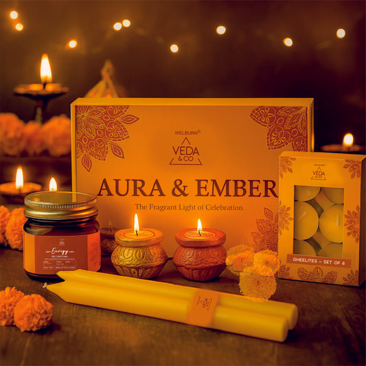Welburn Veda&Co® Aura & Ember Diwali Gift Box – Aromatherapy Candle, Matki Scented Diyas, Cow Ghee Tealights & Colored Stick Candles | Luxury Festive Hamper for Home Decor, Puja & Gifting