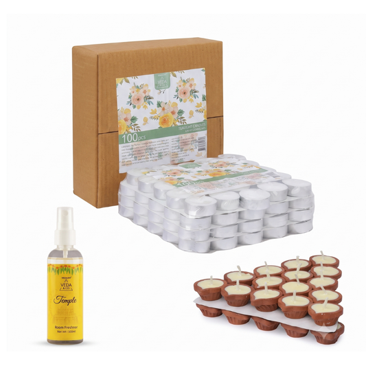 Combo - Pure Cow Ghee Diya (30 pcs) Tealight Candles (30 pcs) & Temple Fragrance Puja Spray