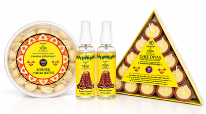 Ghee Diya (30 Pcs), Ghee Batti (100 Pcs) & Puja Spray (2 Pcs) Combo