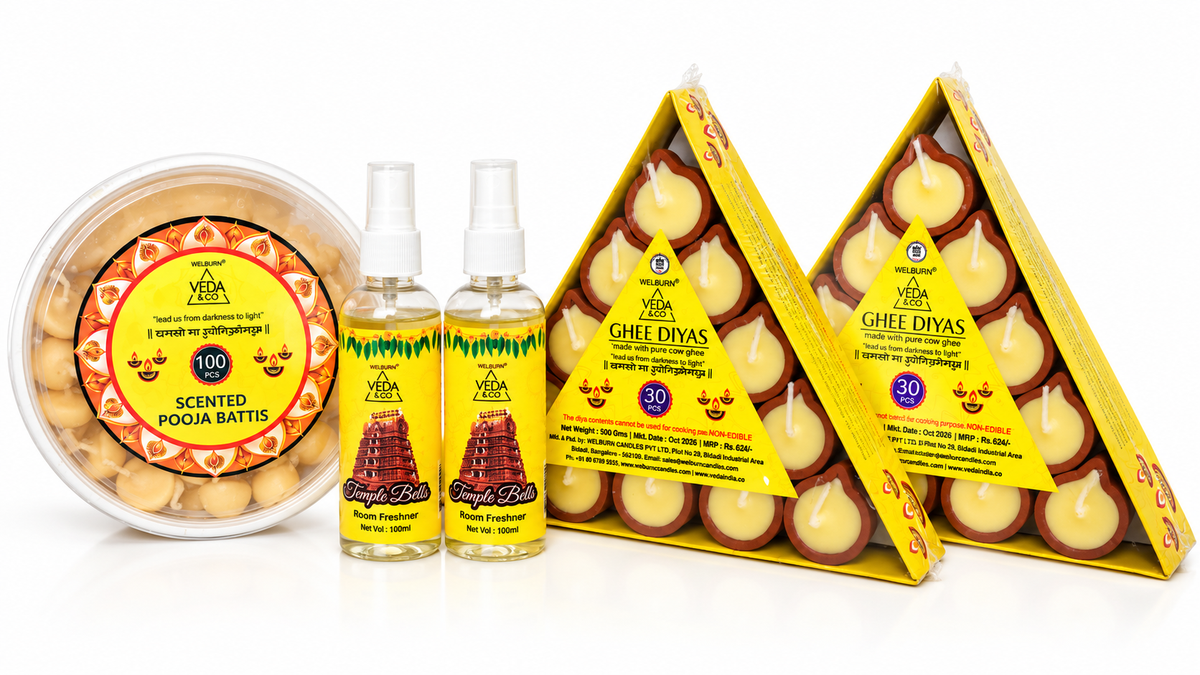 Ghee Diya (60 Pcs), Ghee Batti (100 Pcs) & Puja Spray (2 Pcs) Combo