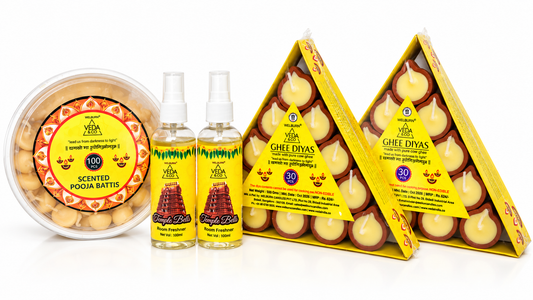 Ghee Diya (60 Pcs), Ghee Batti (100 Pcs) & Puja Spray (2 Pcs) Combo