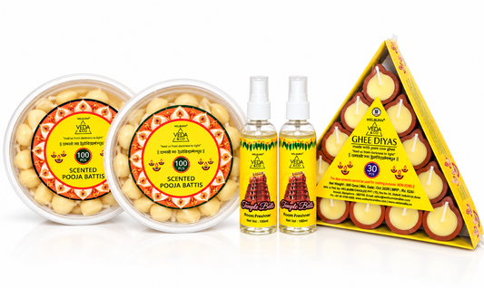 Ghee Diya (30 Pcs), Ghee Batti (200 Pcs) & Puja Spray (2 Pcs) Combo