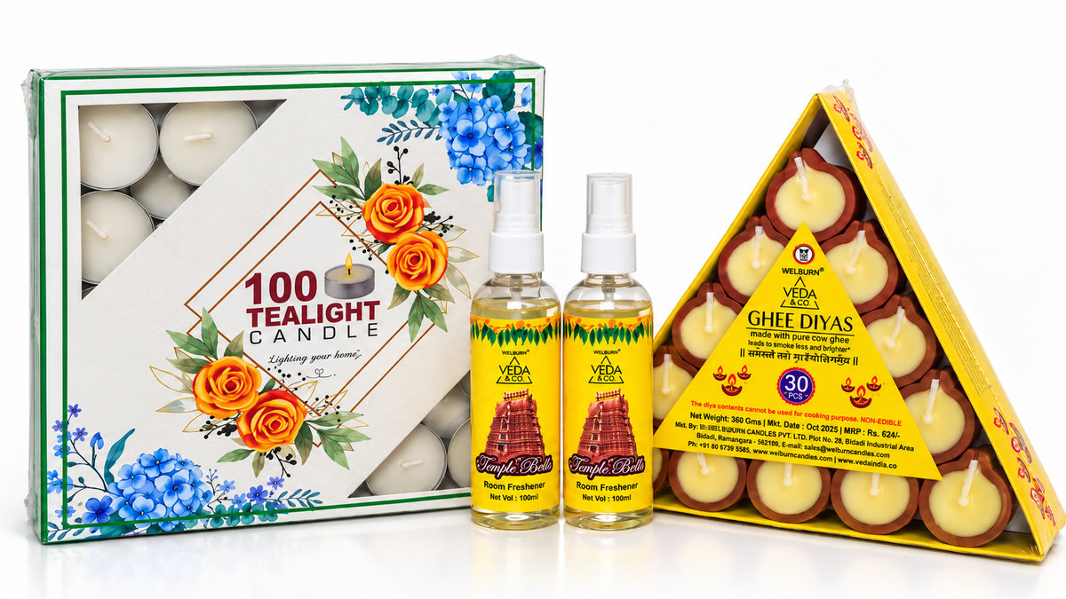 Ghee Diya (30 Pcs), Tealights (100 Pcs) & Puja Spray (2 Pcs) Combo