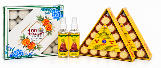Ghee Diya (60 Pcs), Tealights (100 Pcs) & Puja Spray (2 Pcs) Combo