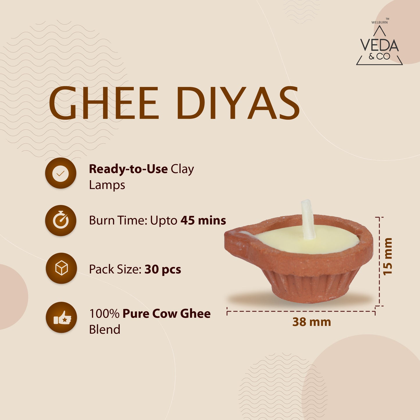 Pure Cow Ghee Diya for Puja - 30 Pieces, Upto 45 Minutes Burn Time, Ghee Blended Filled Clay Diya Batti, Ready to Use Diyas for Daily Pooja, One Month Pack