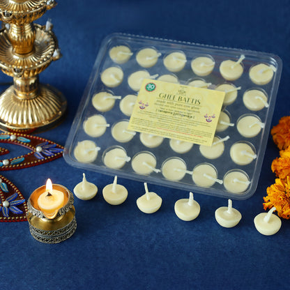 Pure Cow Ghee Batti for Puja - 30 Pieces, Ghee Batti with Cotton Wick, 30 Min Burn Time, Ghee Blended Diyas, One Month Pack, for Home & Temple