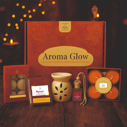 Welburn Veda&Co® AromaGlow Diwali Gift Hamper | Ceramic Oil Burner with Wax Melts, Tealight Candles, Car Perfume, Scented Diyas | Premium Home & Office Festival Gift Set | Decorative & Aromatic Combo