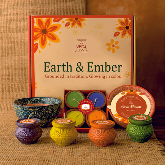 Welburn Veda&Co® Earth & Ember Diwali Gift Set | 2 Scented Bandhani Bowl Candles, 4 Handpainted Matki Diyas & 4 Scented Diyas | Festive Decor & Gifting | Clean Wax | Premium Fragrance | Pooja Ready