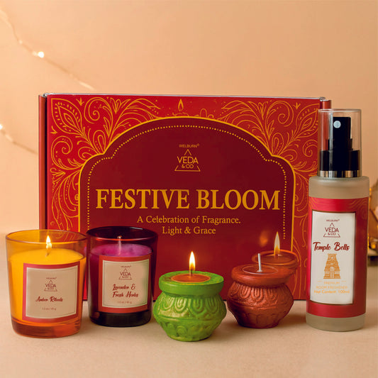 Welburn Veda&Co® Festive Bloom Diwali Gift Hamper | Scented Candle, Room Freshener & Traditional Diyas | Premium Fragrance & Decor Gift Box for Home, Office, Friends, Family & Corporate Gifting