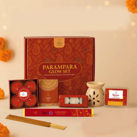Welburn Veda&Co® Parampara Glow Diwali Gift Box | Ceramic Aroma Burner, Wax Melts, Tealights, Scented Diyas, Fragrance Sachet & Incense Sticks | Festive Home Decor & Premium Gifting Set