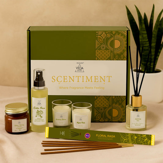 Welburn Veda&Co® Scentiment Home Fragrance Gift Set | Aromatherapy Candle, Room Spray, Reed Diffuser, Votives & Incense Sticks | Relaxing Gift Box for Home Decor, Ambience & Festive Gifting