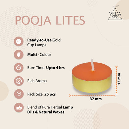 Welburn Veda&Co™ Pooja Lites - Pack of 25, Upto 4 Hours Burning Time, Diyas Made with Deepam Oils and Blend of Natural Waxes, Temple Bells Fragrance for Puja, Pooja, Home & Temple (Multicolor)