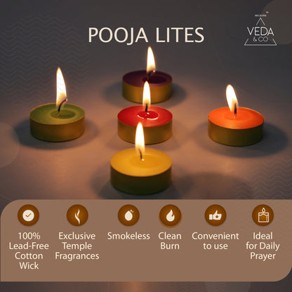 Welburn Veda&Co™ Pooja Lites - Pack of 25, Upto 4 Hours Burning Time, Diyas Made with Deepam Oils and Blend of Natural Waxes, Temple Bells Fragrance for Puja, Pooja, Home & Temple (Multicolor)