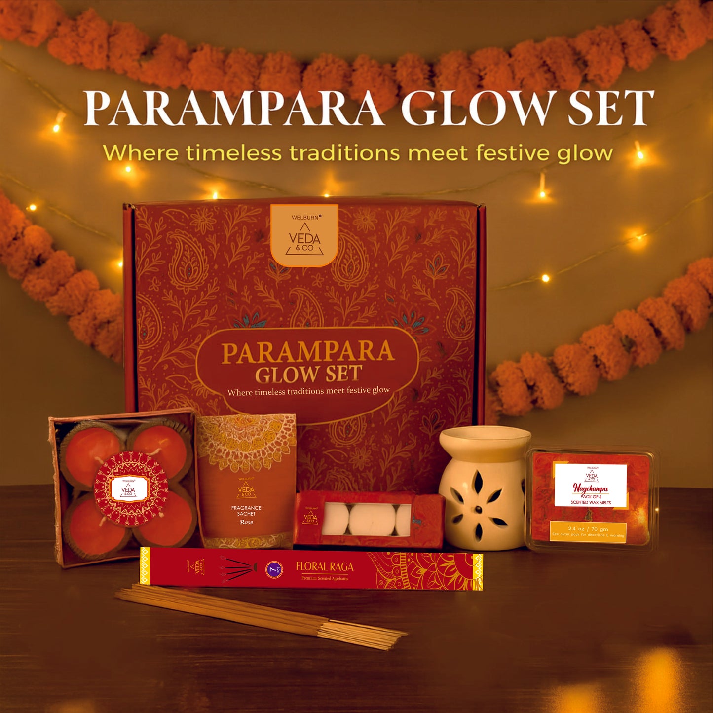 Welburn Veda&Co® Parampara Glow Diwali Gift Box | Ceramic Aroma Burner, Wax Melts, Tealights, Scented Diyas, Fragrance Sachet & Incense Sticks | Festive Home Decor & Premium Gifting Set