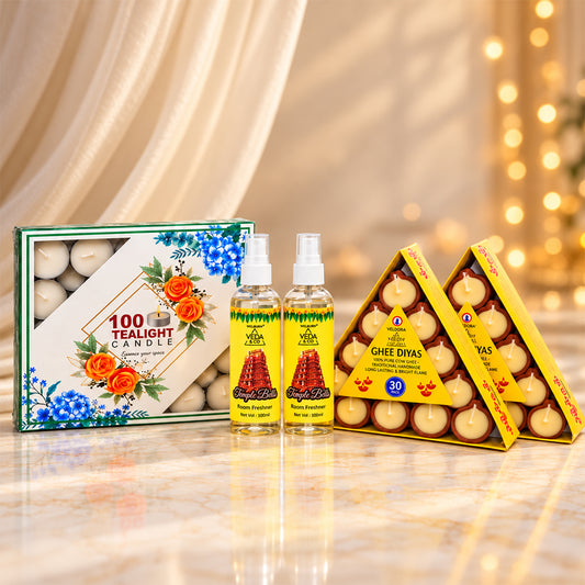 Ghee Diya (60 Pcs), Tealights (100 Pcs) & Puja Spray (2 Pcs) Combo