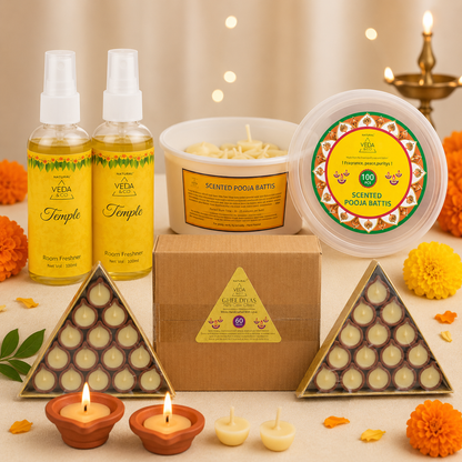 Combo - Pure Cow Ghee Diya ,Nagchampa Scented Ghee Batti (100 Pcs) & Temple Fragrance Puja Spray Pack of 2