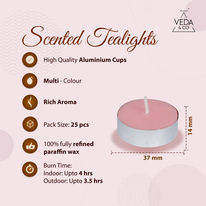 Scented Multicolor Tealight Candles - Pack of 25 (4-Hour Burning Time)