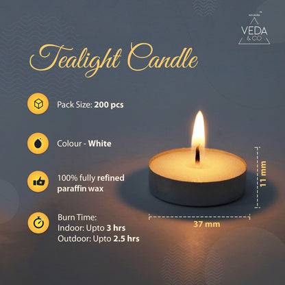 Wax Tealight Candles - Pack of 200, 3 Hours Burning Time, 100% Fully Refined Paraffin Wax, Unscented, Smokeless, Dripless, for Home Decor, Offices & Other Occasions (White)