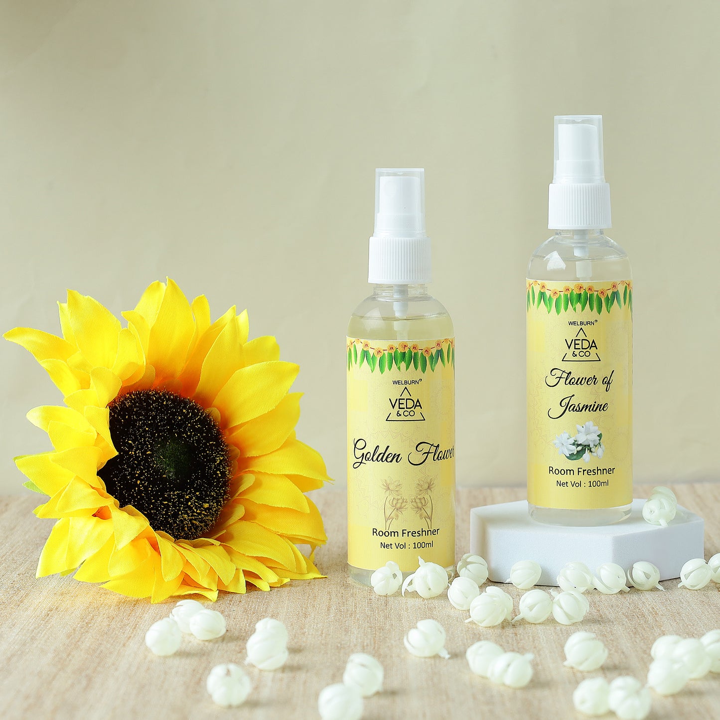 Room Freshener for Puja - Combo Pack of 2 (100ml each) | Jasmine & Golden Flower Fragrance | Long Lasting Air Freshener for Home & Office