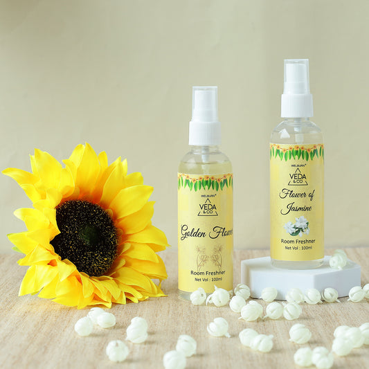 Room Freshener for Puja - Combo Pack of 2 (100ml each) | Jasmine & Golden Flower Fragrance | Long Lasting Air Freshener for Home & Office