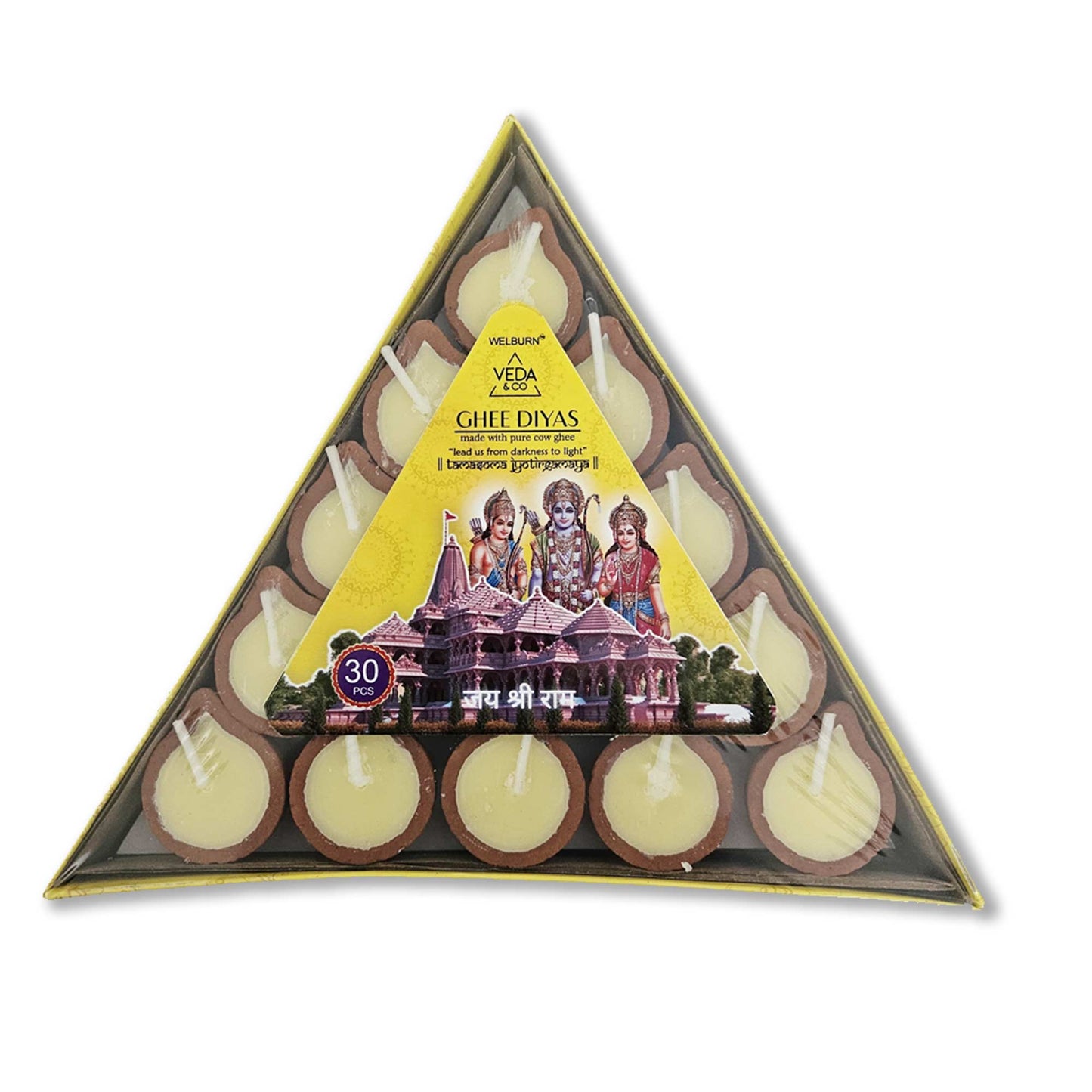 Sacred Offering: Pure Cow Ghee Diya for Puja - 30 Pieces, Upto 45 Minutes Burn Time, Ghee Blended Filled Clay Diya Batti, Ready to Use Diyas for Daily Pooja, One Month Pack