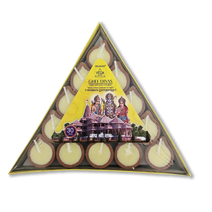 Sacred Offering: Pure Cow Ghee Diya for Puja - 30 Pieces, Upto 45 Minutes Burn Time, Ghee Blended Filled Clay Diya Batti, Ready to Use Diyas for Daily Pooja, One Month Pack