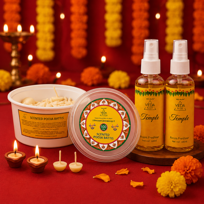 Nagchampa Scented Ghee Blended Batti (100 Pcs) & Temple Fragrance Puja Spray (Pack of 2) Combo
