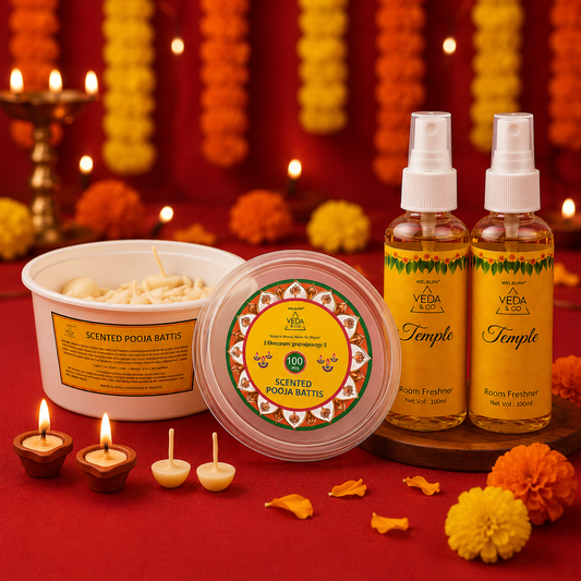 Nagchampa Scented Ghee Blended Batti (200 Pcs) & Temple Fragrance Puja Spray (Pack of 2) Combo