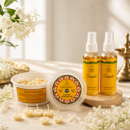 Nagchampa Scented Ghee Blended Batti (200 Pcs) & Temple Fragrance Puja Spray (Pack of 2) Combo