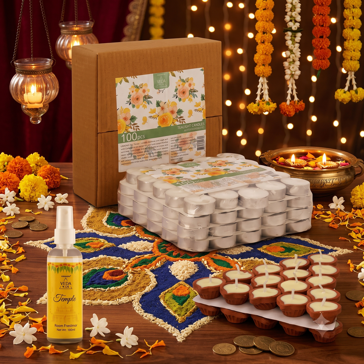 Combo - Pure Cow Ghee Diya (30 pcs) Tealight Candles (30 pcs) & Temple Fragrance Puja Spray