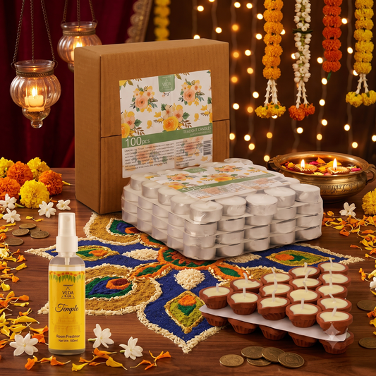 Combo - Pure Cow Ghee Diya (30 pcs) Tealight Candles (30 pcs) & Temple Fragrance Puja Spray