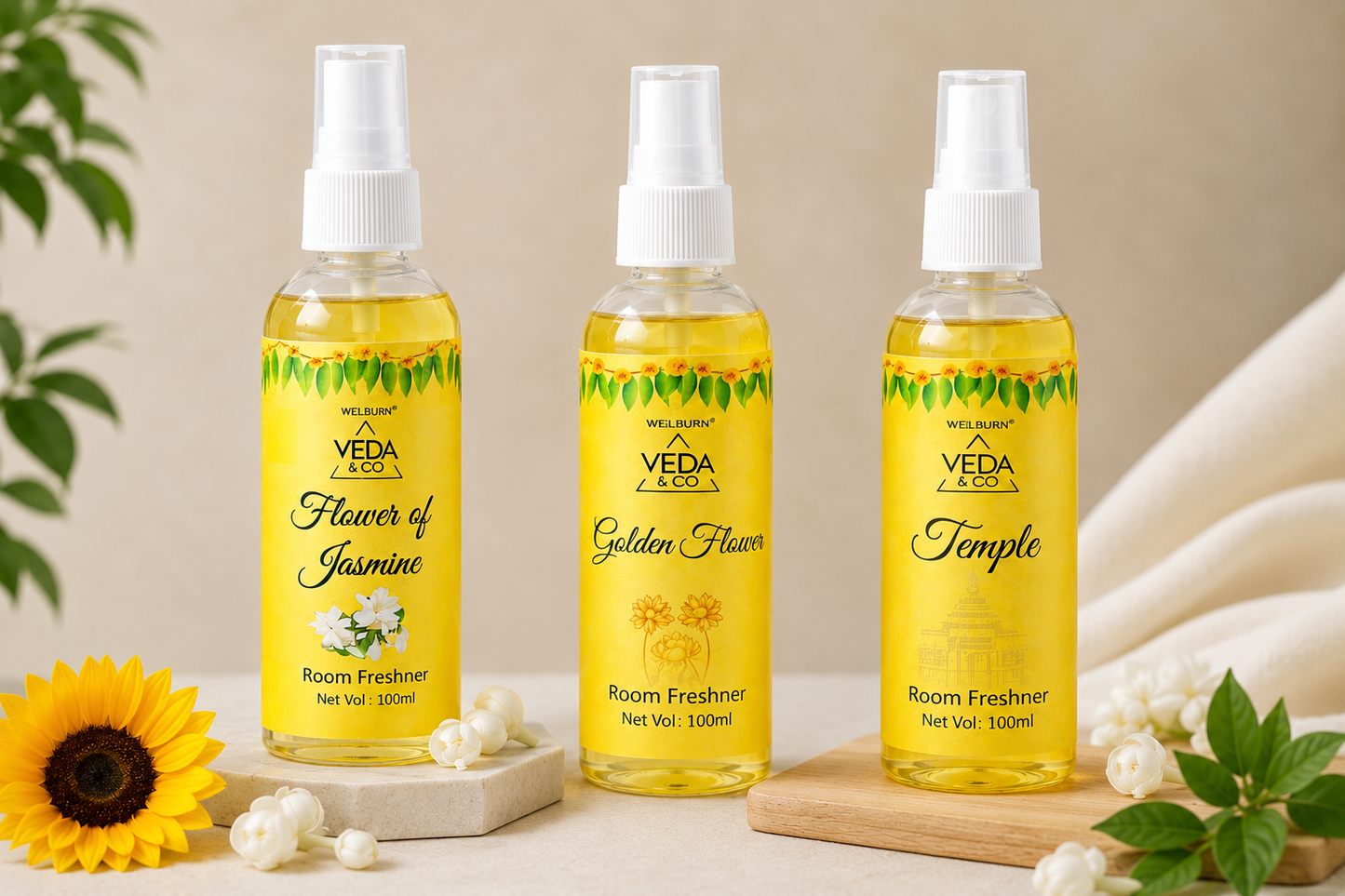 Room Freshner Combo Pack of 3 – Jasmine, Golden Flower & Temple Fragrance Room Freshener (100ml each)