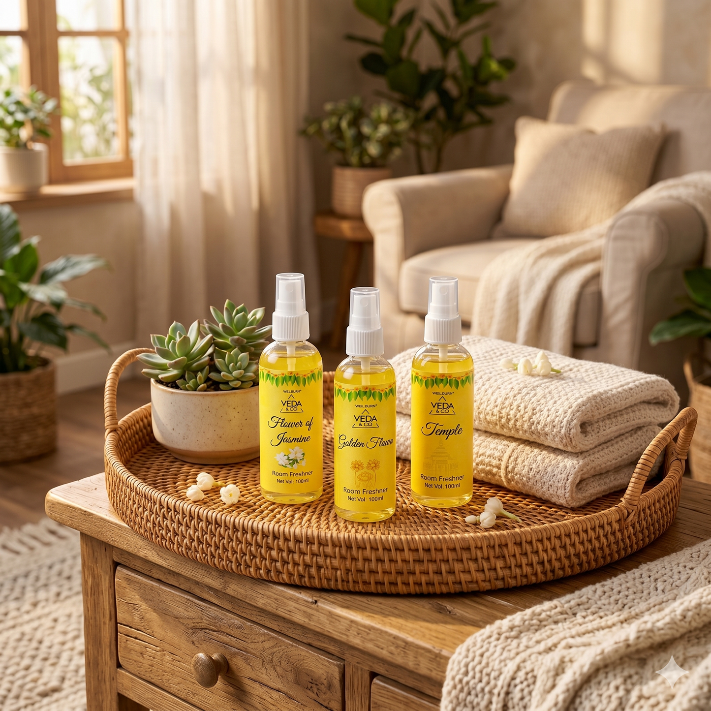 Room Freshner Combo Pack of 3 – Jasmine, Golden Flower & Temple Fragrance Room Freshener (100ml each)