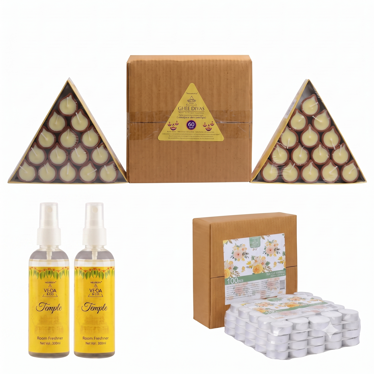 Combo - Pure Cow Ghee Diya (60 pcs) Tealight Candles (100 pcs) & Temple Fragrance Puja Spray
