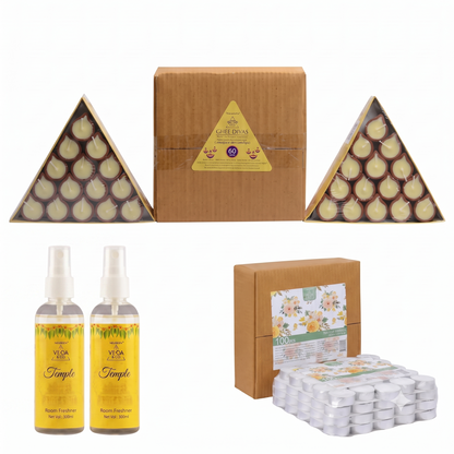 Combo - Pure Cow Ghee Diya (60 pcs) Tealight Candles (100 pcs) & Temple Fragrance Puja Spray