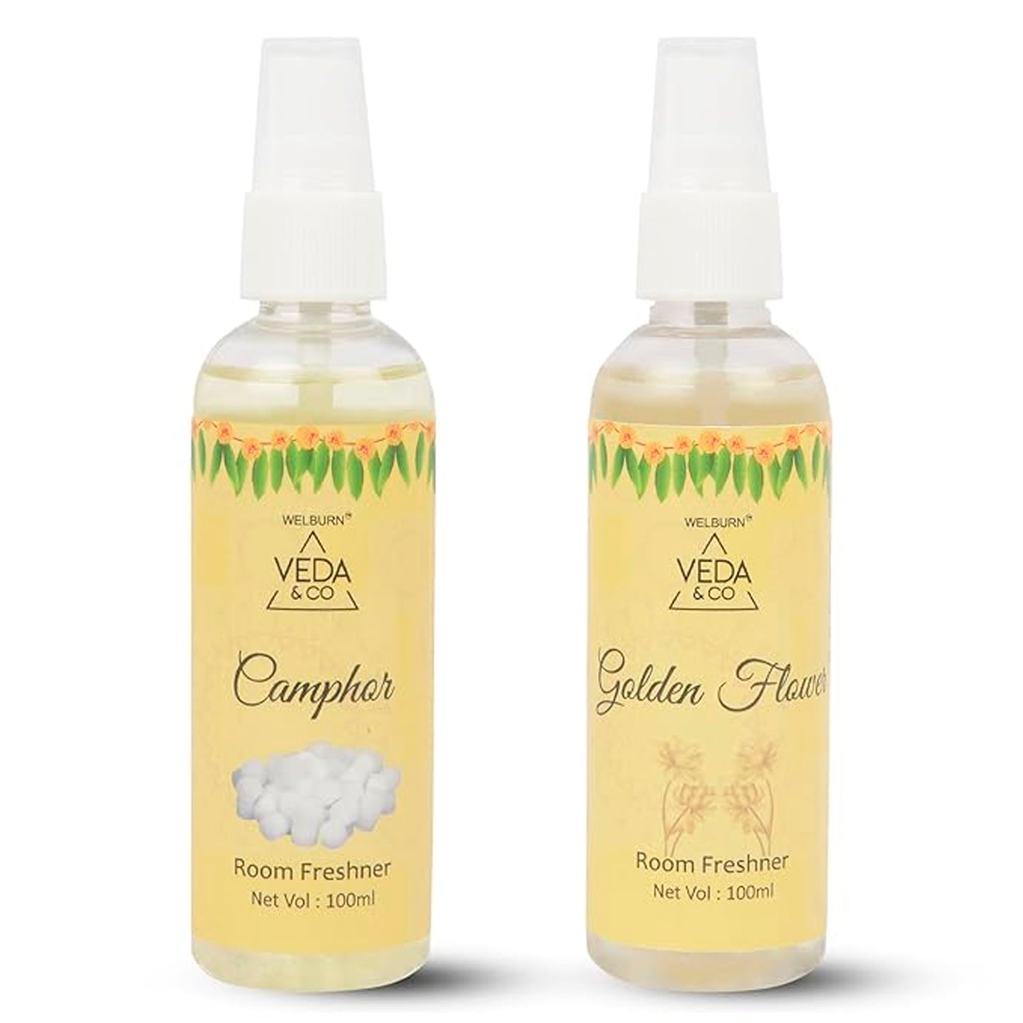 Room Freshener for Puja - Combo Pack of 2 (100ml each) | Camphor & Golden Flower Fragrance | Long Lasting Air Freshener for Home & Office