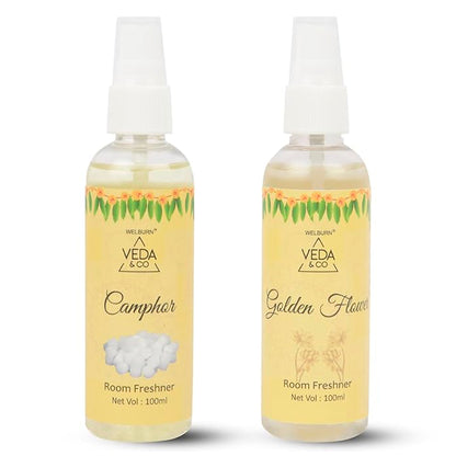 Room Freshener for Puja - Combo Pack of 2 (100ml each) | Camphor & Golden Flower Fragrance | Long Lasting Air Freshener for Home & Office