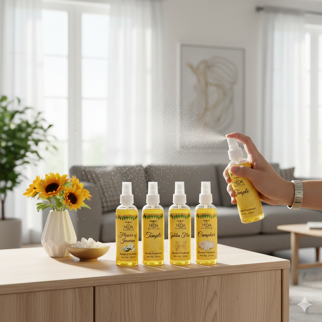 Jasmine, Camphor, Golden Flower & Temple Fragrance Room Freshener | Combo Pack of 4 (100ml each)