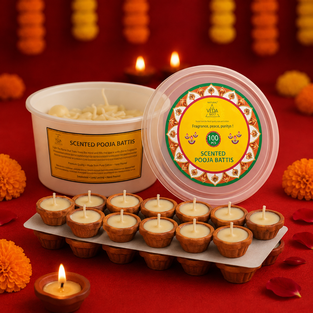 Combo - Pure Cow Ghee Diya (30 pcs)  & Nagchampa Scented Ghee Blended Batti -(200 pcs)