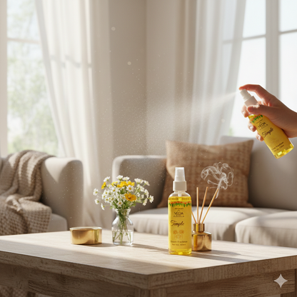 Golden Flower and Temple fragrance spray lifestyle home setting
