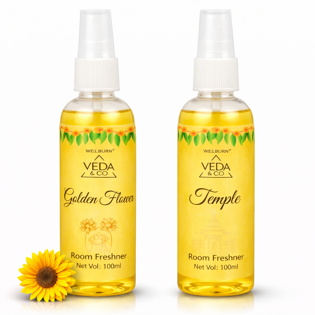 Golden Flower & Temple puja spray combo pack of 2 – front view
