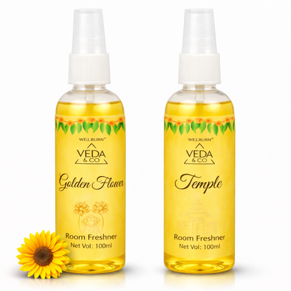 Golden Flower & Temple puja spray combo pack of 2 – front view