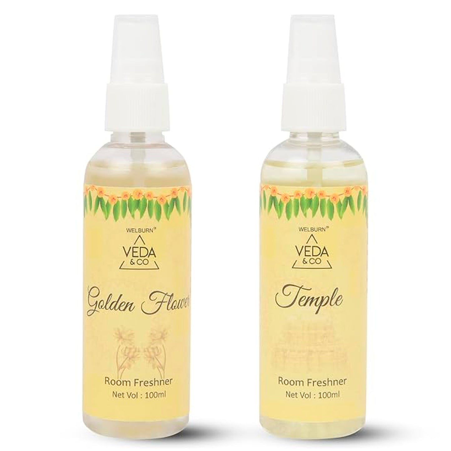 Room Freshener for Puja - Combo Pack of 2 (100ml each) | Golden Flower & Temple Fragrance | Long Lasting Air Freshener for Home & Office