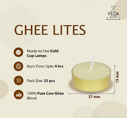 Welburn Veda&Co™ Ghee Lites - Pack of 25, Upto 4 Hours Burning Time, Pure Cow Ghee Blended Diyas in Beautiful Gold Color Cup for Daily Puja, Pooja, Home & Temple, Unscented & Long Lasting